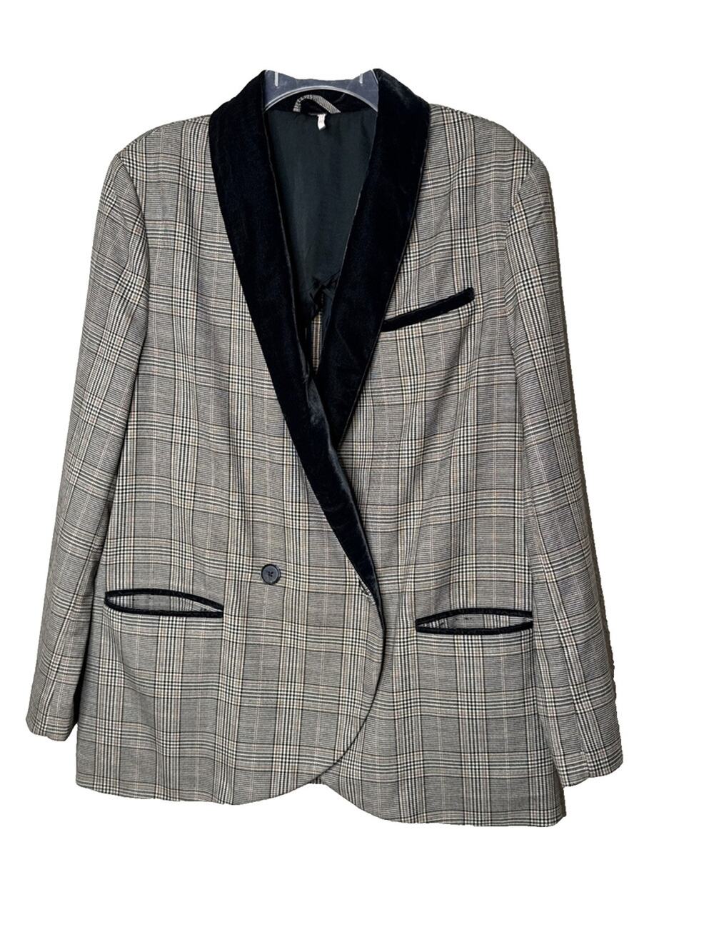 Free People Velvet Trimmed Blazer Brown Latte Plaid Size S Academia Fall Jacket